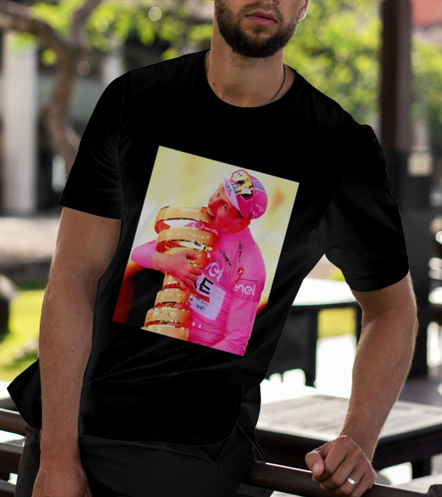 Tadej Pogacar 2024 Giro D'Italia Trophy Celebration In Pink Jersey T-Shirt