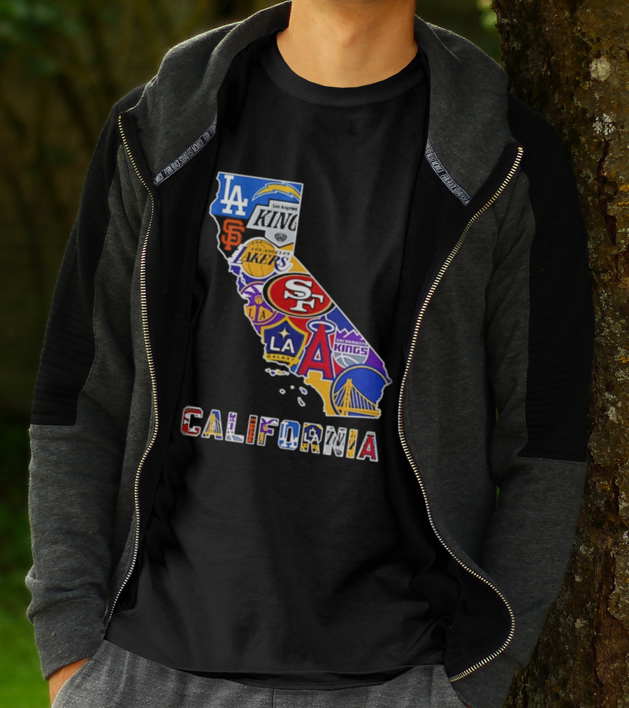 California Map Collage With 49ers Lakers Kings Giants Angels Dodgers Logos 2026 T-Shirt