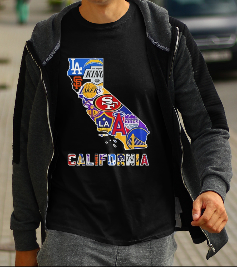 California Map Collage With 49ers Lakers Kings Giants Angels Dodgers Logos 2026 T-Shirt