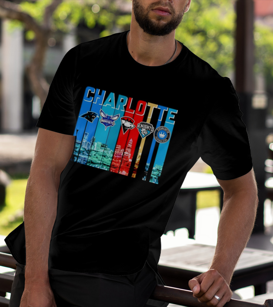Charlotte Panthers Hornets Knights City Skyline Sports Team Logos T-Shirt
