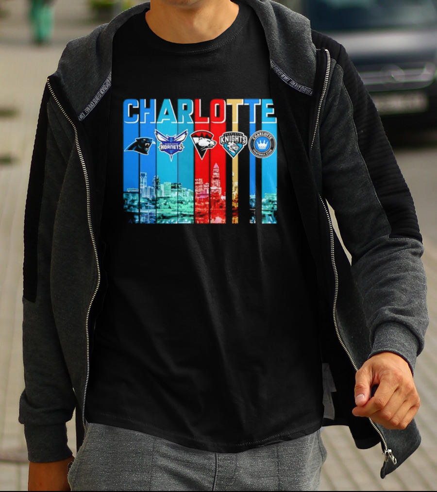 Charlotte Panthers Hornets Knights City Skyline Sports Team Logos T-Shirt