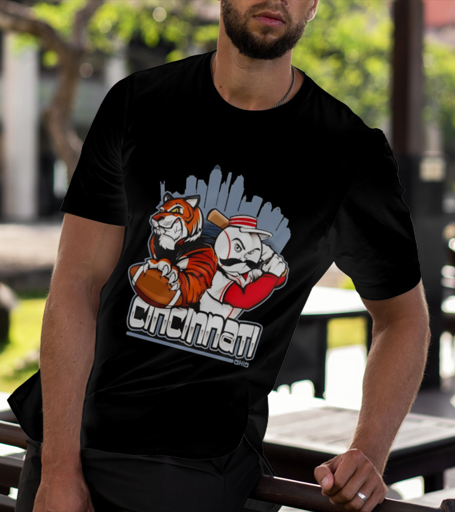 Cincinnati Reds Bengals Skyline Ohio Tiger And Baseball Character 2026 T-Shirt
