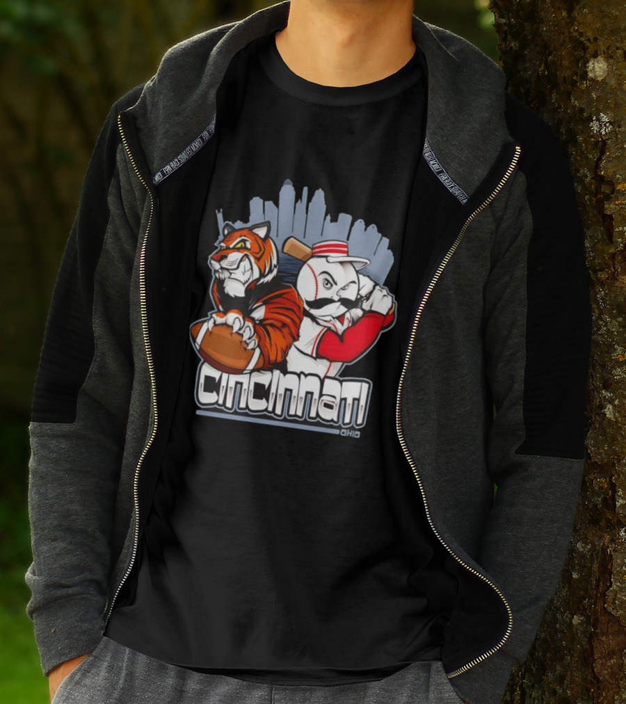 Cincinnati Reds Bengals Skyline Ohio Tiger And Baseball Character 2026 T-Shirt