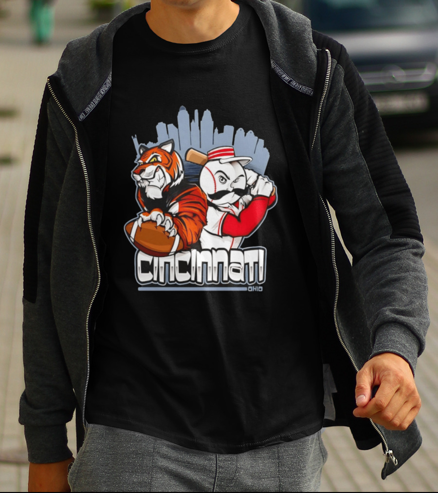 Cincinnati Reds Bengals Skyline Ohio Tiger And Baseball Character 2026 T-Shirt