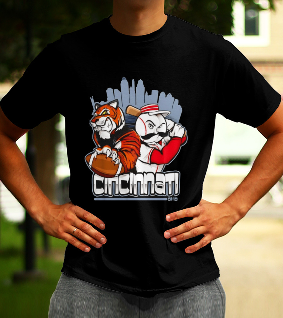 Cincinnati Reds Bengals Skyline Ohio Tiger And Baseball Character 2026 T-Shirt
