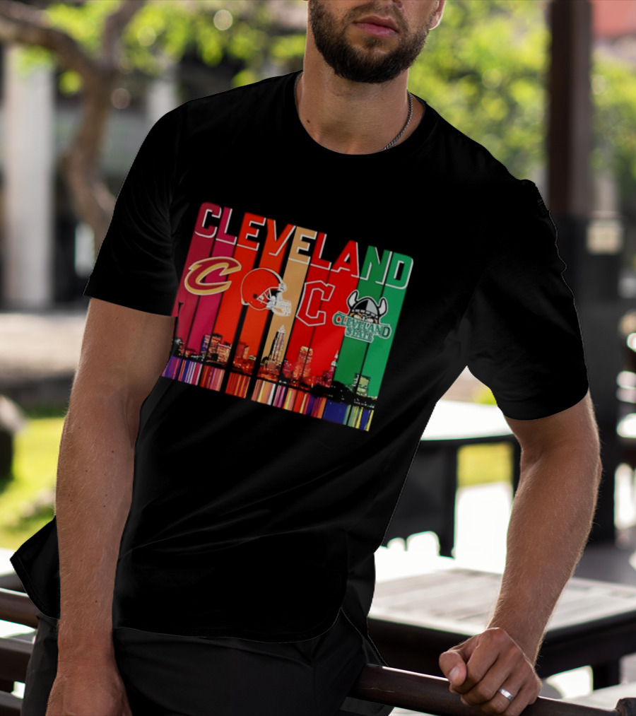 Cleveland Cavaliers Browns Guardians Cleveland State Vikings City Skyline T-Shirt