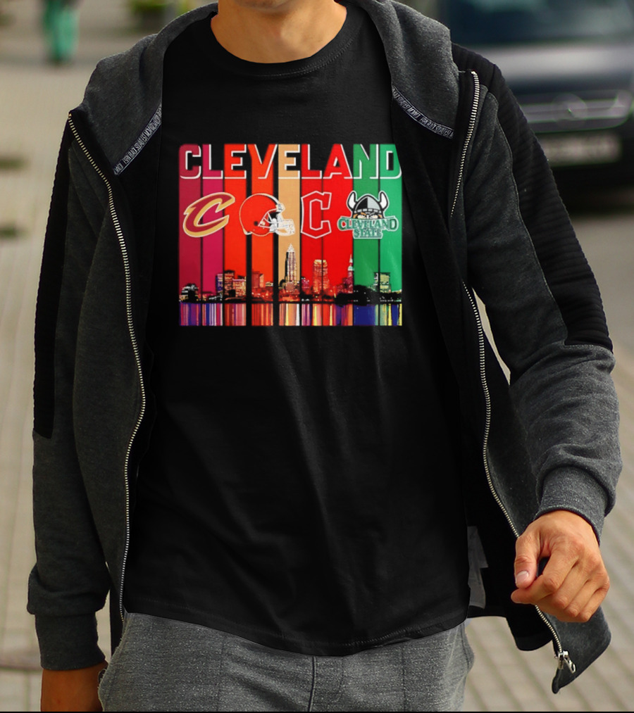 Cleveland Cavaliers Browns Guardians Cleveland State Vikings City Skyline T-Shirt