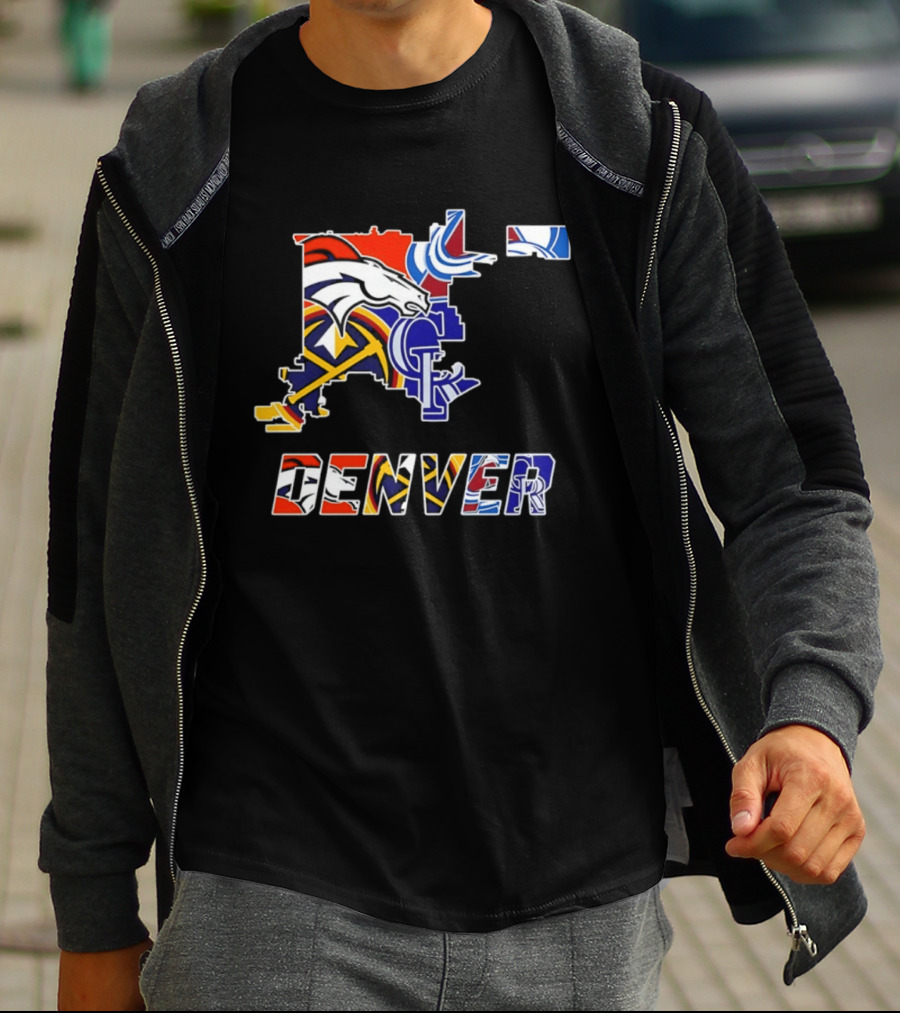 Denver Broncos Nuggets Avalanche Rockies Map Sports Team Logos T-Shirt
