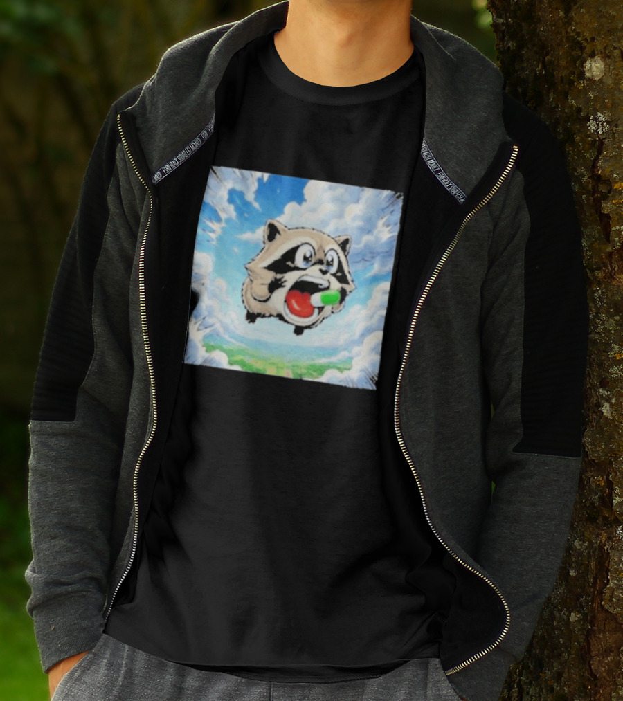 Jimothy Raccoon Cartoon Sky Dive With Colorful Capsule T-Shirt