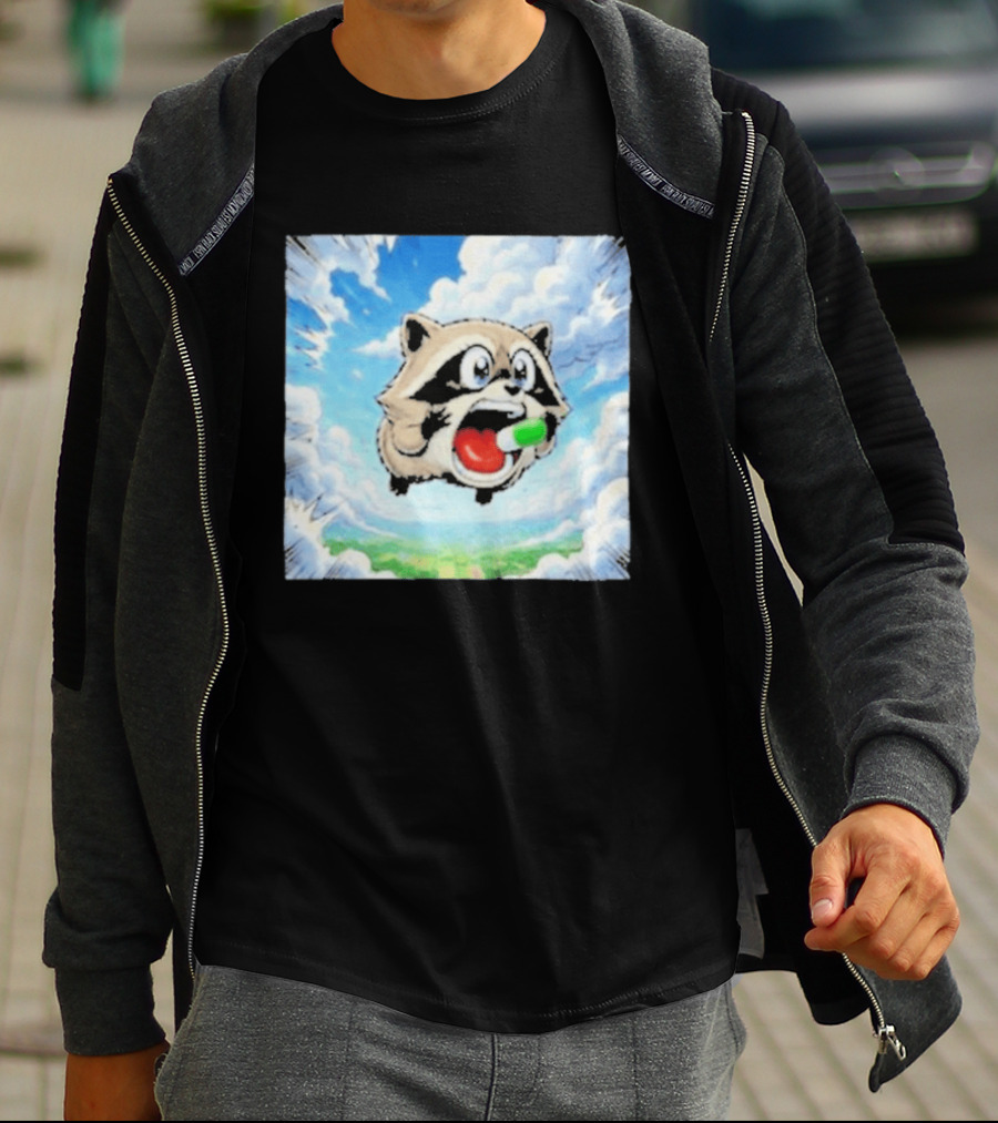 Jimothy Raccoon Cartoon Sky Dive With Colorful Capsule T-Shirt