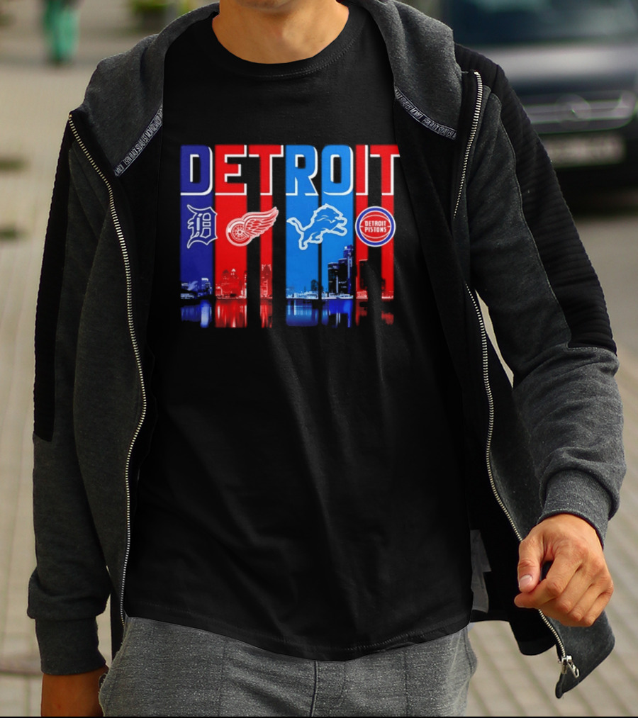 Detroit Tigers Red Wings Lions Pistons City Skyline 2026 T-Shirt