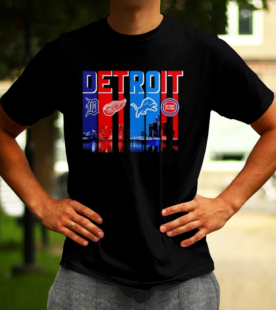 Detroit Tigers Red Wings Lions Pistons City Skyline 2026 T-Shirt
