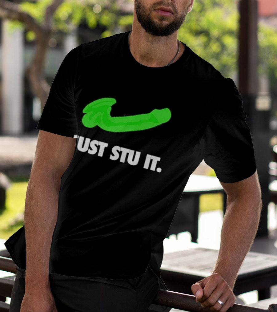 Just Stu It Green Swoosh Iconic Phrase T-Shirt