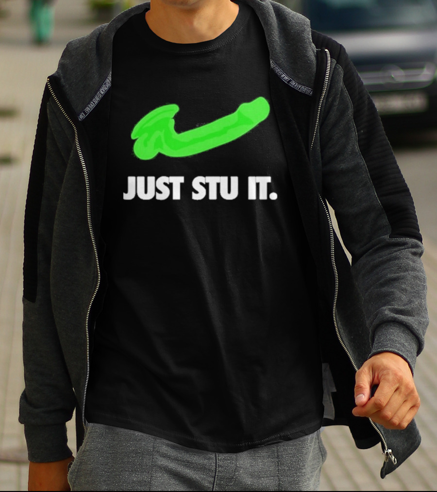 Just Stu It Green Swoosh Iconic Phrase T-Shirt