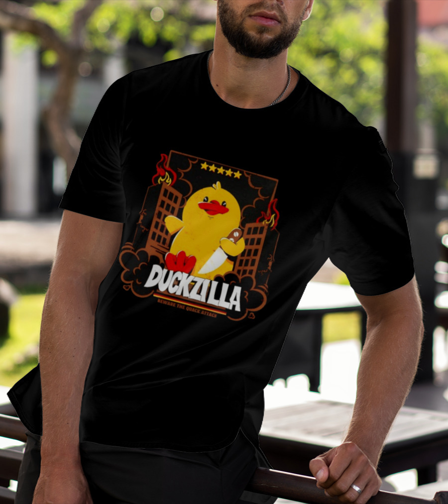 Duckzilla Beware The Quack Attack Knife Wielding Giant Duck With Burning Buildings T-Shirt