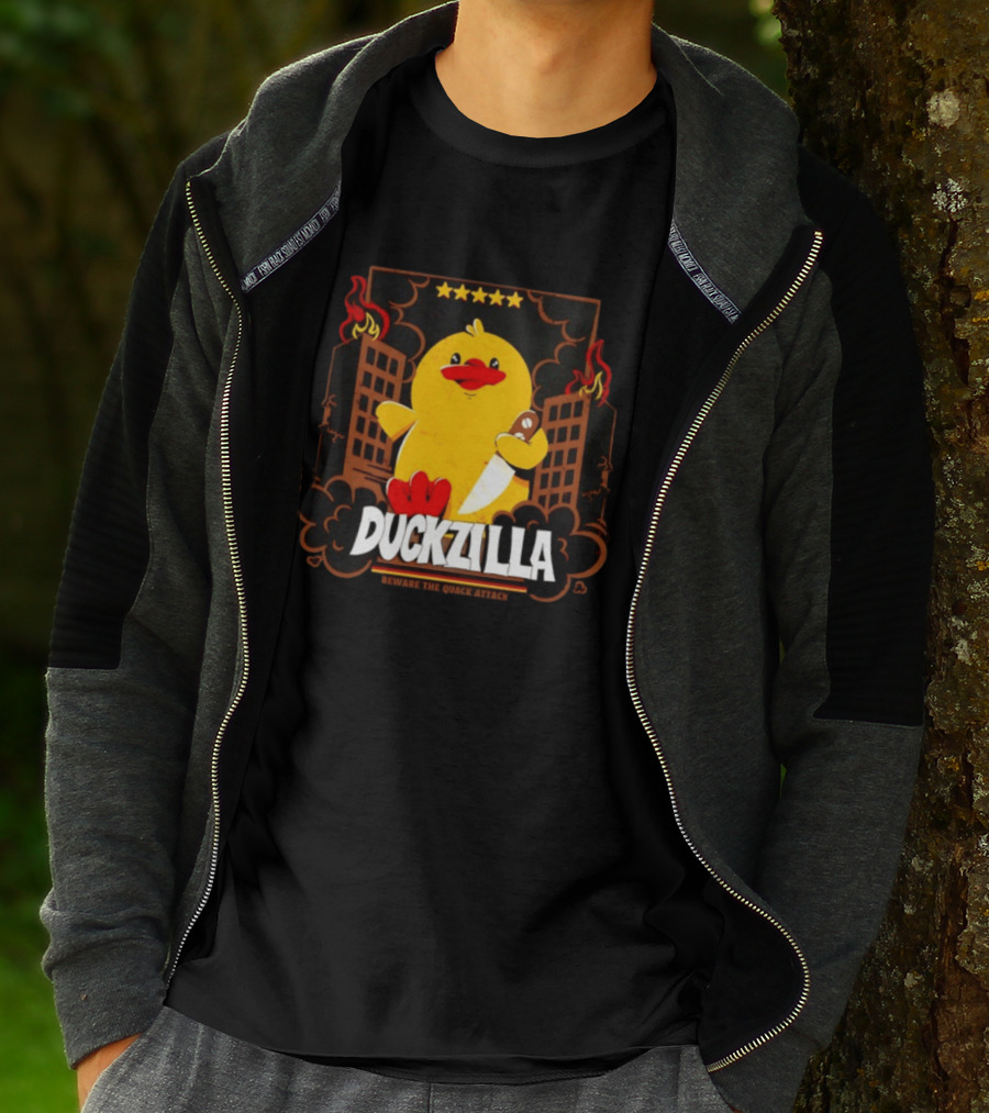 Duckzilla Beware The Quack Attack Knife Wielding Giant Duck With Burning Buildings T-Shirt