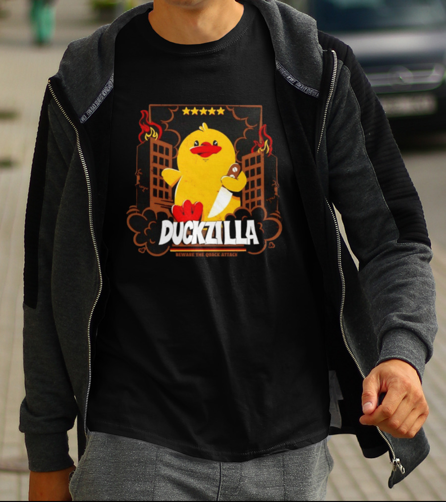 Duckzilla Beware The Quack Attack Knife Wielding Giant Duck With Burning Buildings T-Shirt
