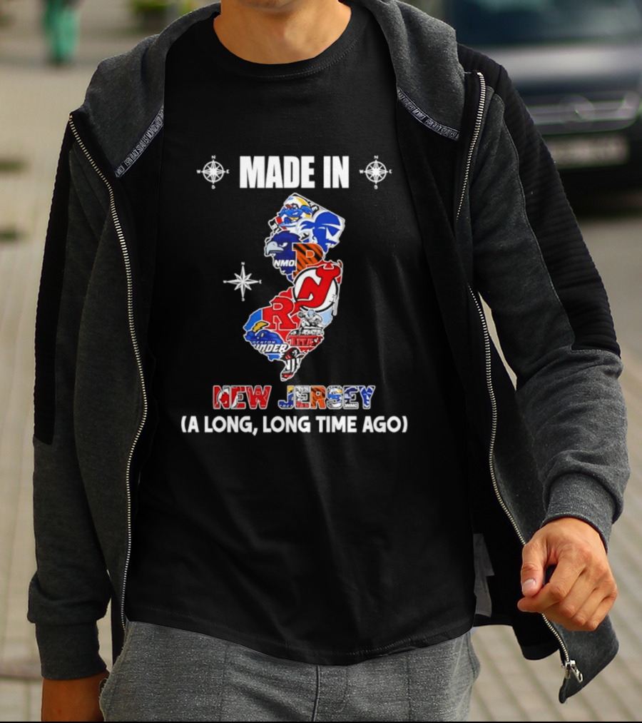 Made In New Jersey State Sports And College Team Logos Map A Long Long Time Ago T-Shirt