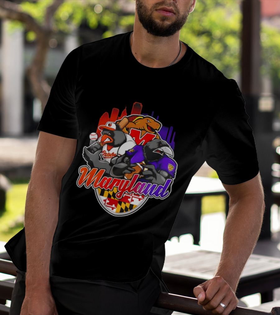 Maryland Orioles Ravens Terrapins Skyline Mashup With Flag T-Shirt