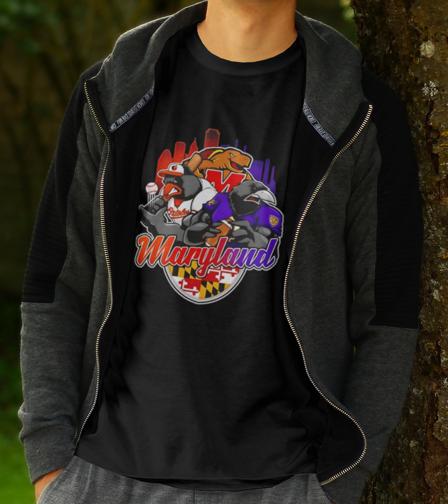 Maryland Orioles Ravens Terrapins Skyline Mashup With Flag T-Shirt