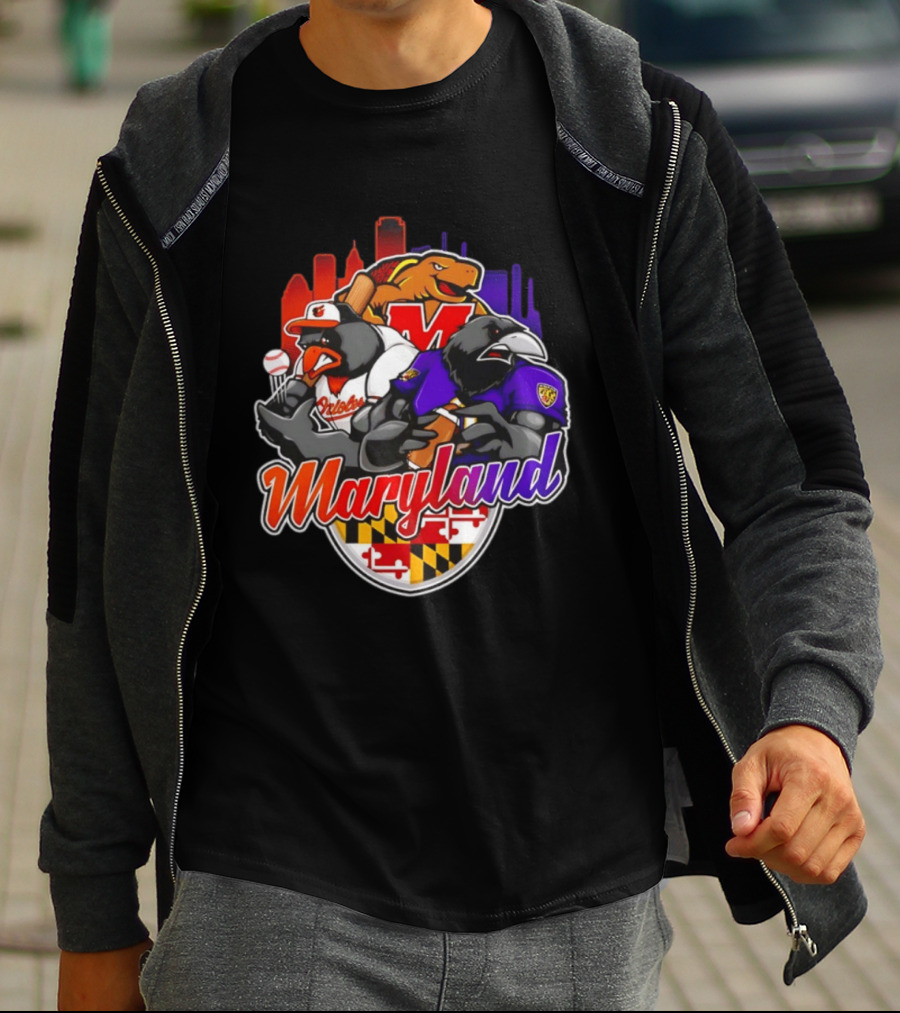 Maryland Orioles Ravens Terrapins Skyline Mashup With Flag T-Shirt