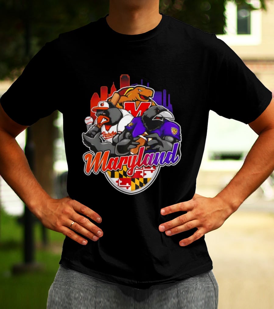 Maryland Orioles Ravens Terrapins Skyline Mashup With Flag T-Shirt
