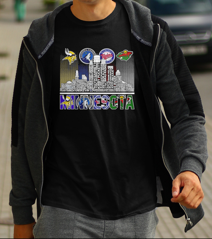 Minnesota Vikings Timberwolves Twins Wild Skyline Roster Names T-Shirt