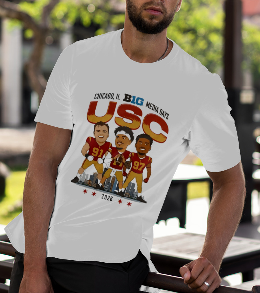 USC Trojans Big Ten Media Days 2026 Chicago Skyline Caricature Jayden Maiava Alex VanSumeren Jide Abasiri T-Shirt