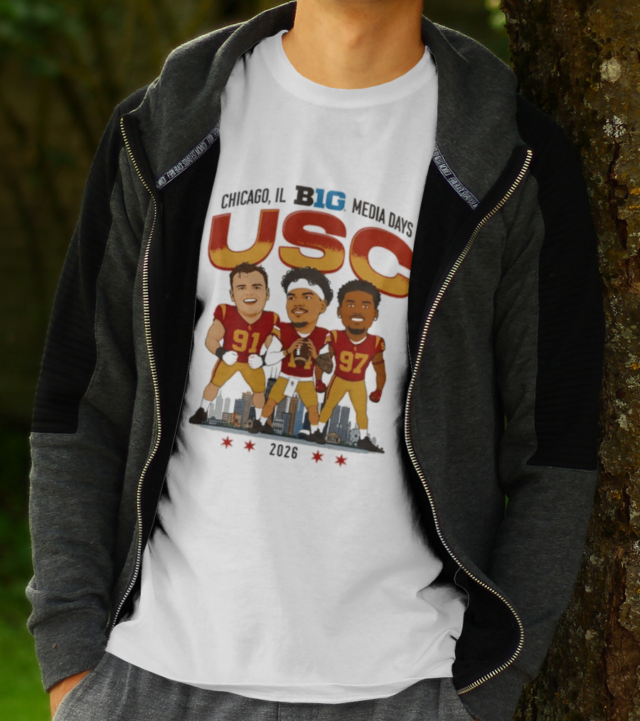 USC Trojans Big Ten Media Days 2026 Chicago Skyline Caricature Jayden Maiava Alex VanSumeren Jide Abasiri T-Shirt
