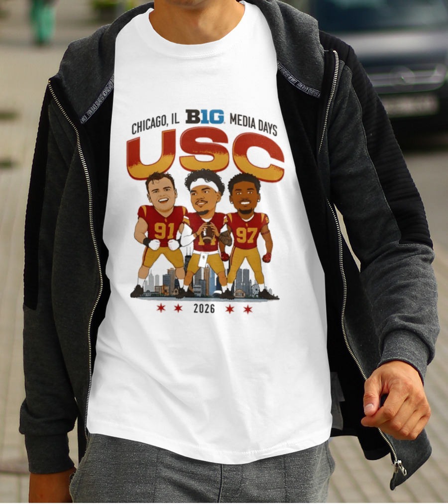 USC Trojans Big Ten Media Days 2026 Chicago Skyline Caricature Jayden Maiava Alex VanSumeren Jide Abasiri T-Shirt