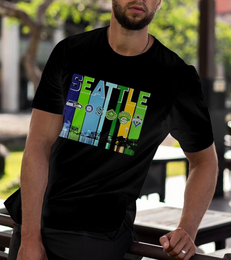 Seattle Seahawks Mariners Kraken Sonics Storm Sounders City Skyline T-Shirt