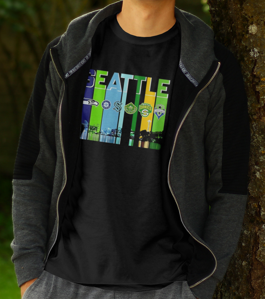 Seattle Seahawks Mariners Kraken Sonics Storm Sounders City Skyline T-Shirt