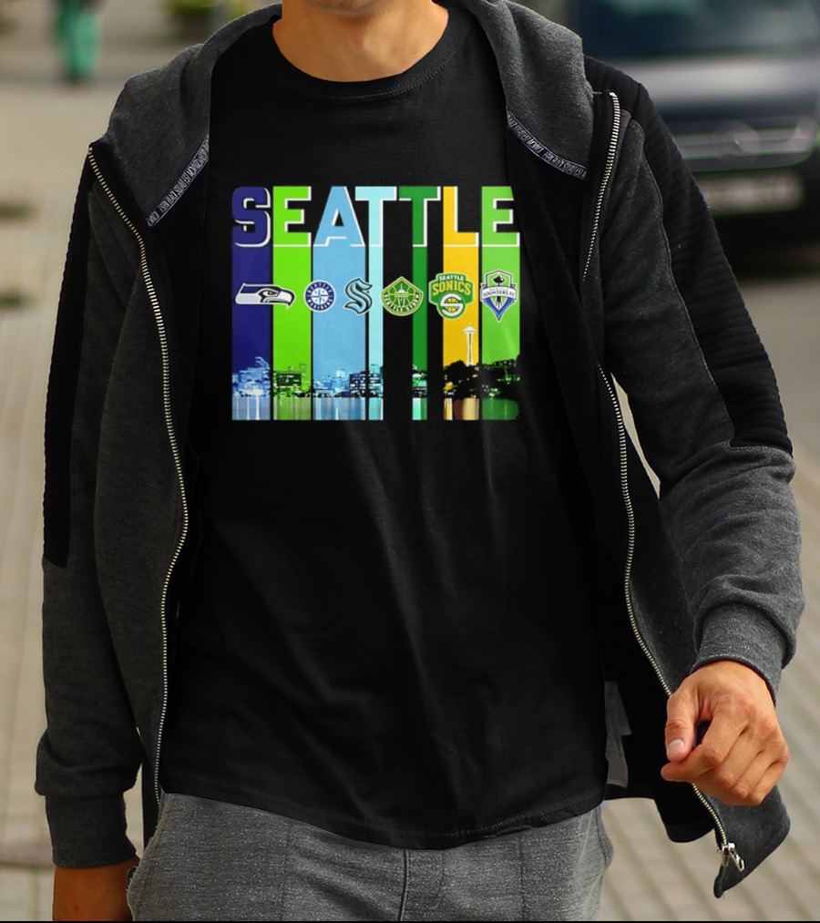 Seattle Seahawks Mariners Kraken Sonics Storm Sounders City Skyline T-Shirt