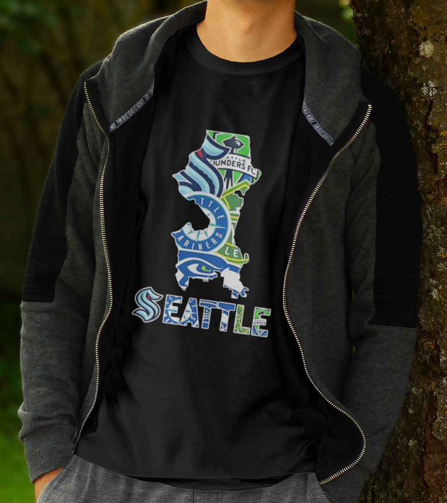 Seattle Kraken Mariners Seahawks Sounders FC Map Collage 2026 T-Shirt
