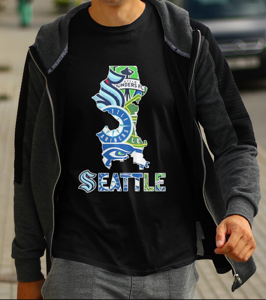 Seattle Kraken Mariners Seahawks Sounders FC Map Collage 2026 T-Shirt