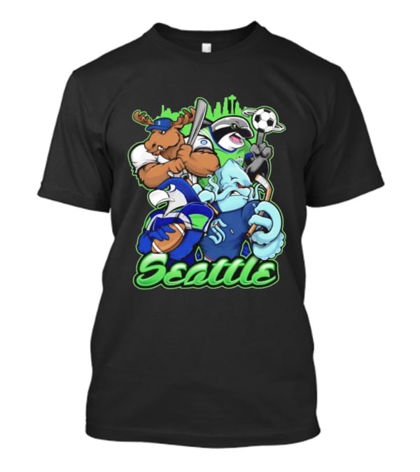 Seattle Sports Team Mascot Mashup With Moose Orca Octopus Bird Skyline T-Shirt