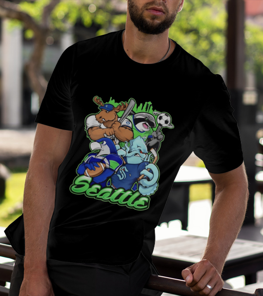 Seattle Sports Team Mascot Mashup With Moose Orca Octopus Bird Skyline T-Shirt