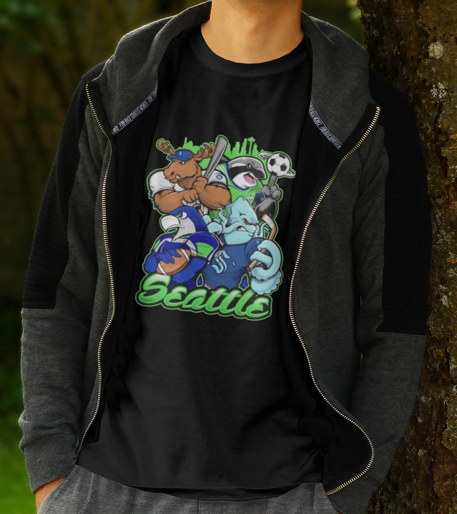 Seattle Sports Team Mascot Mashup With Moose Orca Octopus Bird Skyline T-Shirt