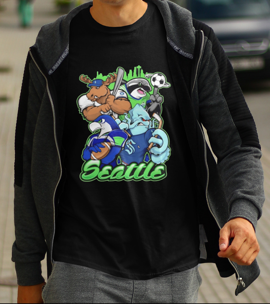 Seattle Sports Team Mascot Mashup With Moose Orca Octopus Bird Skyline T-Shirt
