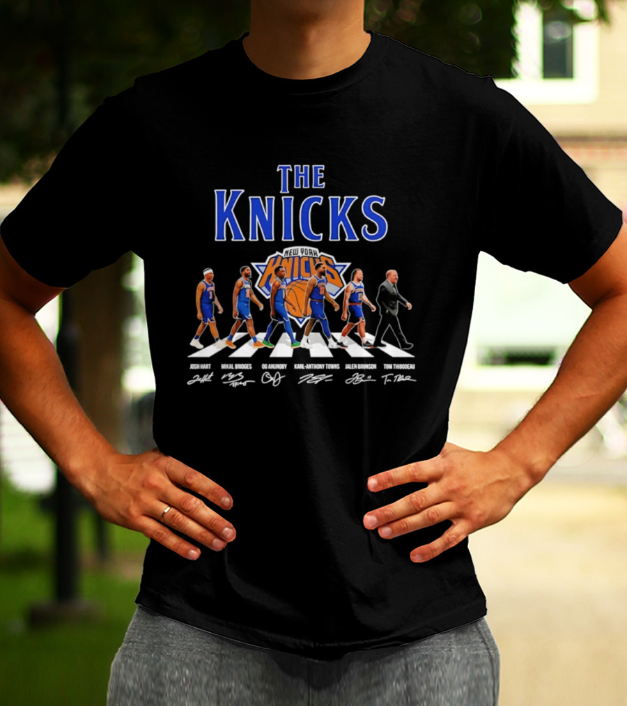 The Knicks Josh Hart Mikal Bridges OG Anunoby Karl Anthony Towns Jalen Brunson Tom Thibodeau Signatures Walking Knickerbockers T-Shirt
