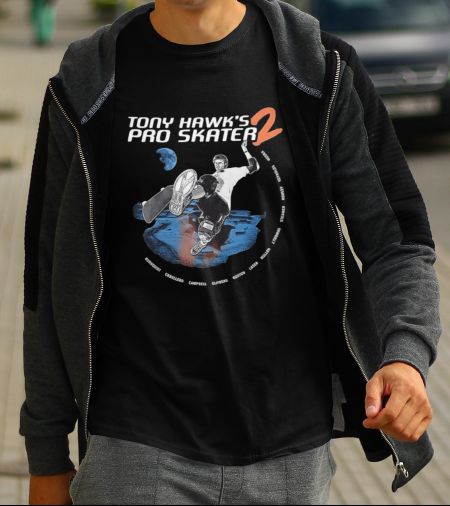 Tony Hawk's Pro Skater 2 Hawk's Back With New Technology New Pros And New Tracks 2 Sided Flip McTwist Skateboarding Legends T-Shirt