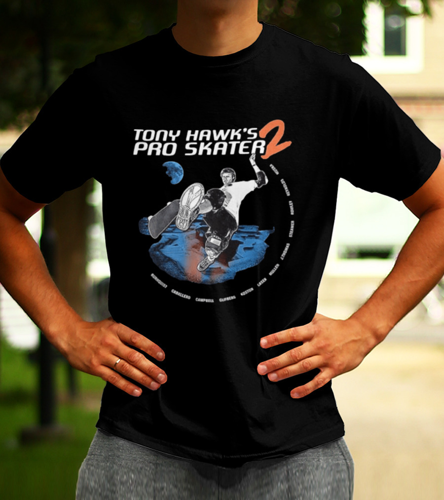Tony Hawk's Pro Skater 2 Hawk's Back With New Technology New Pros And New Tracks 2 Sided Flip McTwist Skateboarding Legends T-Shirt