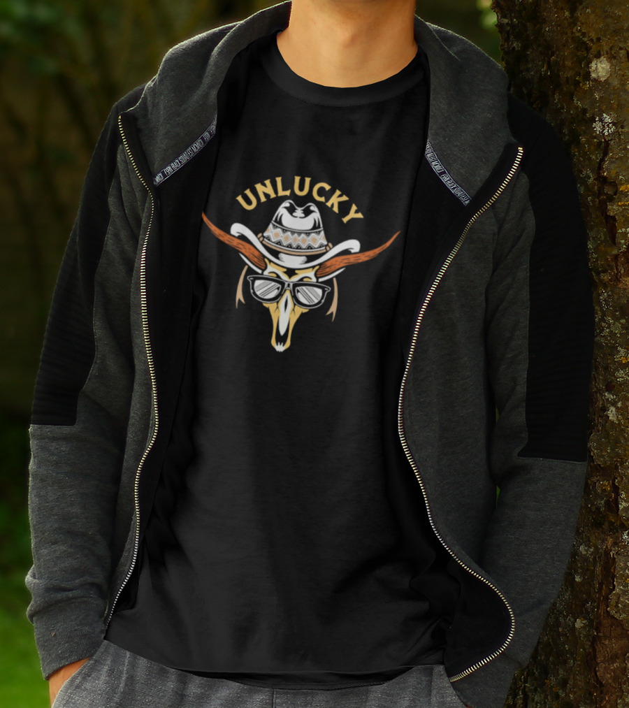 Unlucky Cowboy Skull Sunglasses Western Horns Hat T-Shirt