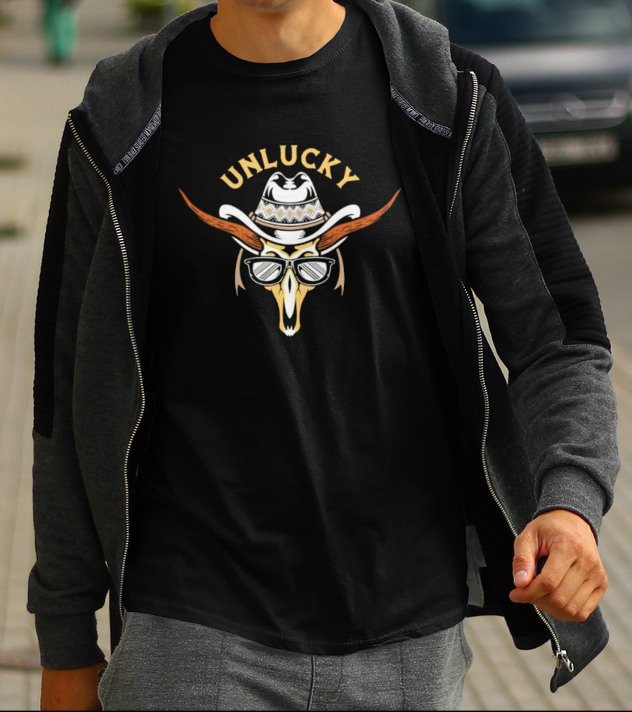 Unlucky Cowboy Skull Sunglasses Western Horns Hat T-Shirt
