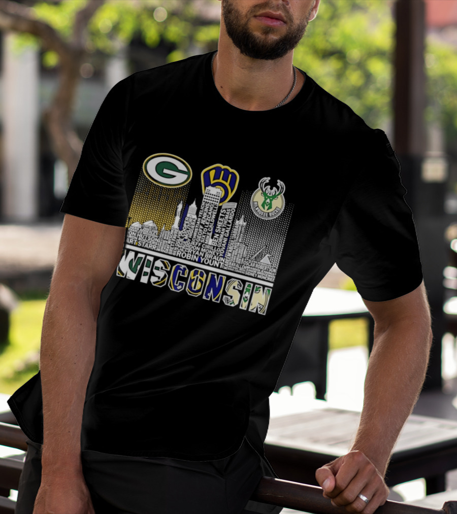Wisconsin Green Bay Packers Milwaukee Brewers Bucks City Skyline Logos T-Shirt