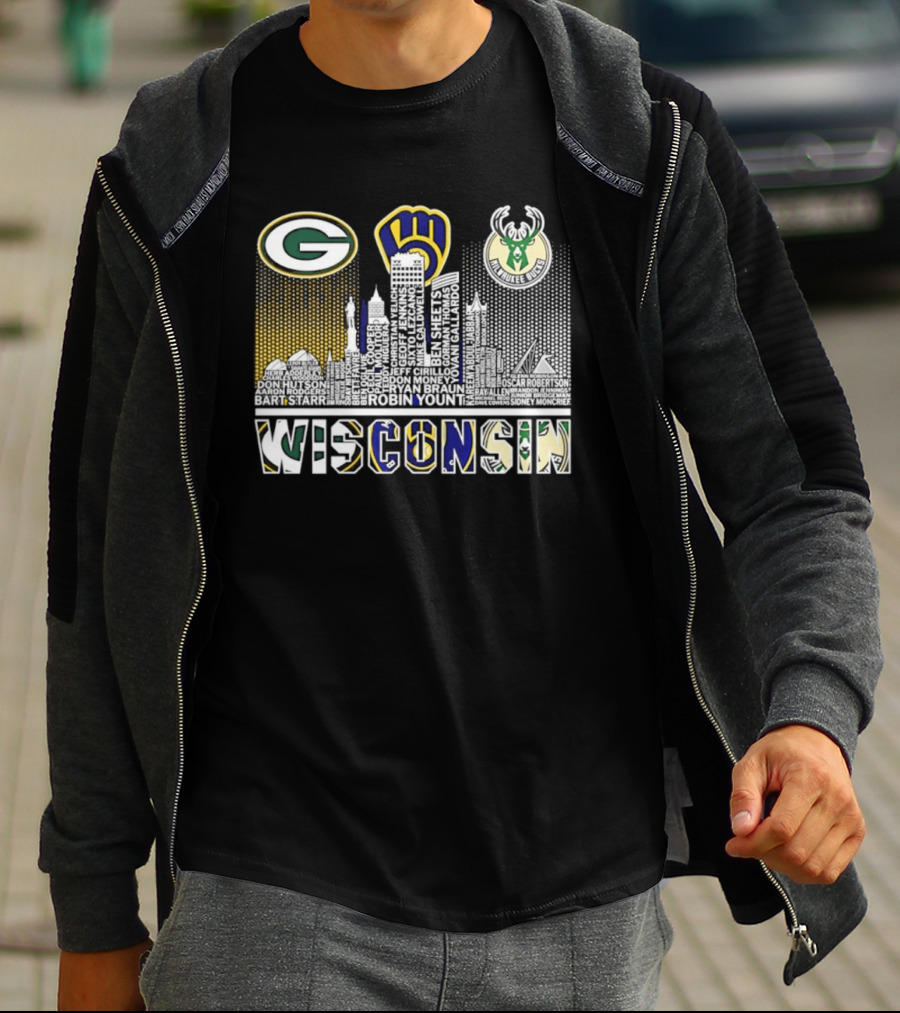 Wisconsin Green Bay Packers Milwaukee Brewers Bucks City Skyline Logos T-Shirt