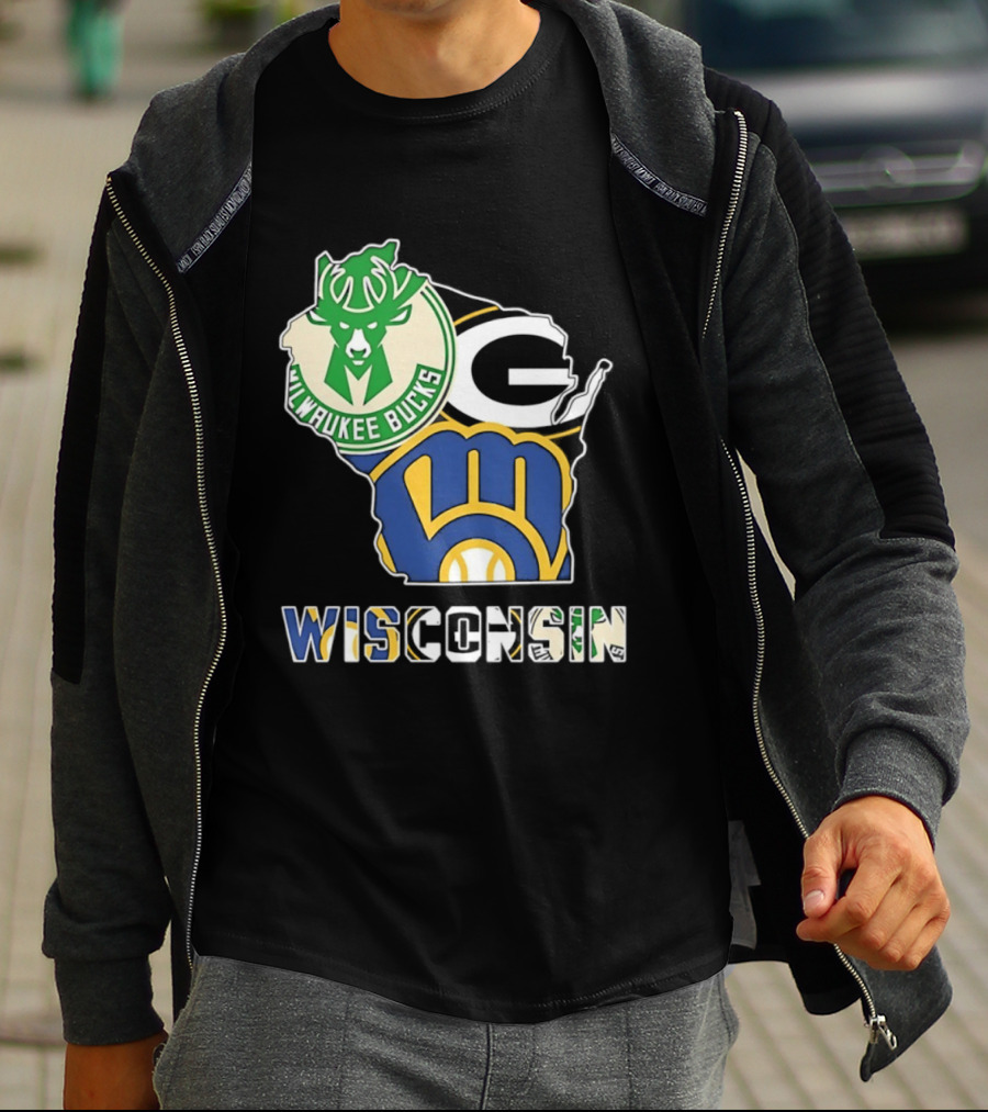 Milwaukee Bucks Green Bay Packers Milwaukee Brewers Wisconsin Map T-Shirt
