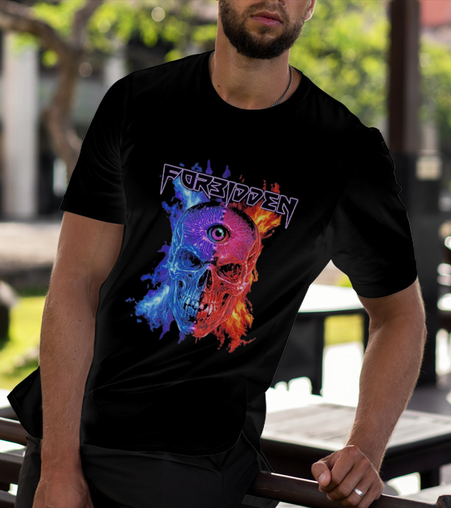 FORBIDDEN Skull Eye Flames Blue Red Fusion T-Shirt