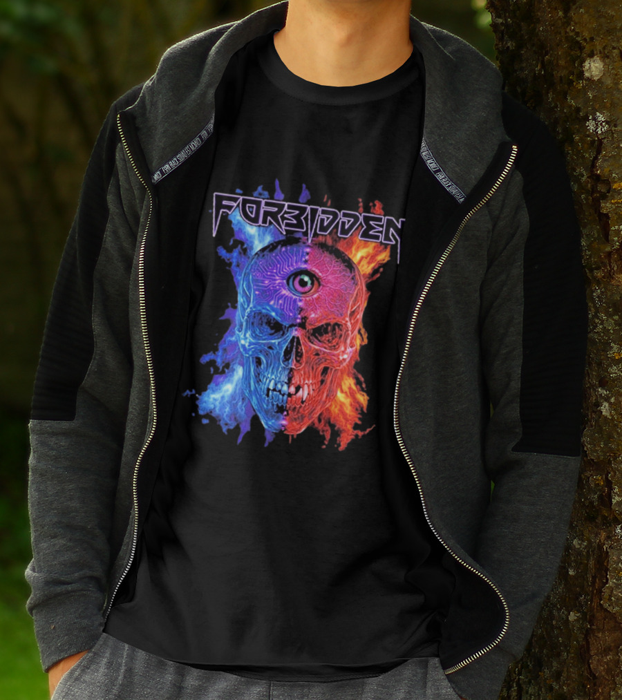 FORBIDDEN Skull Eye Flames Blue Red Fusion T-Shirt