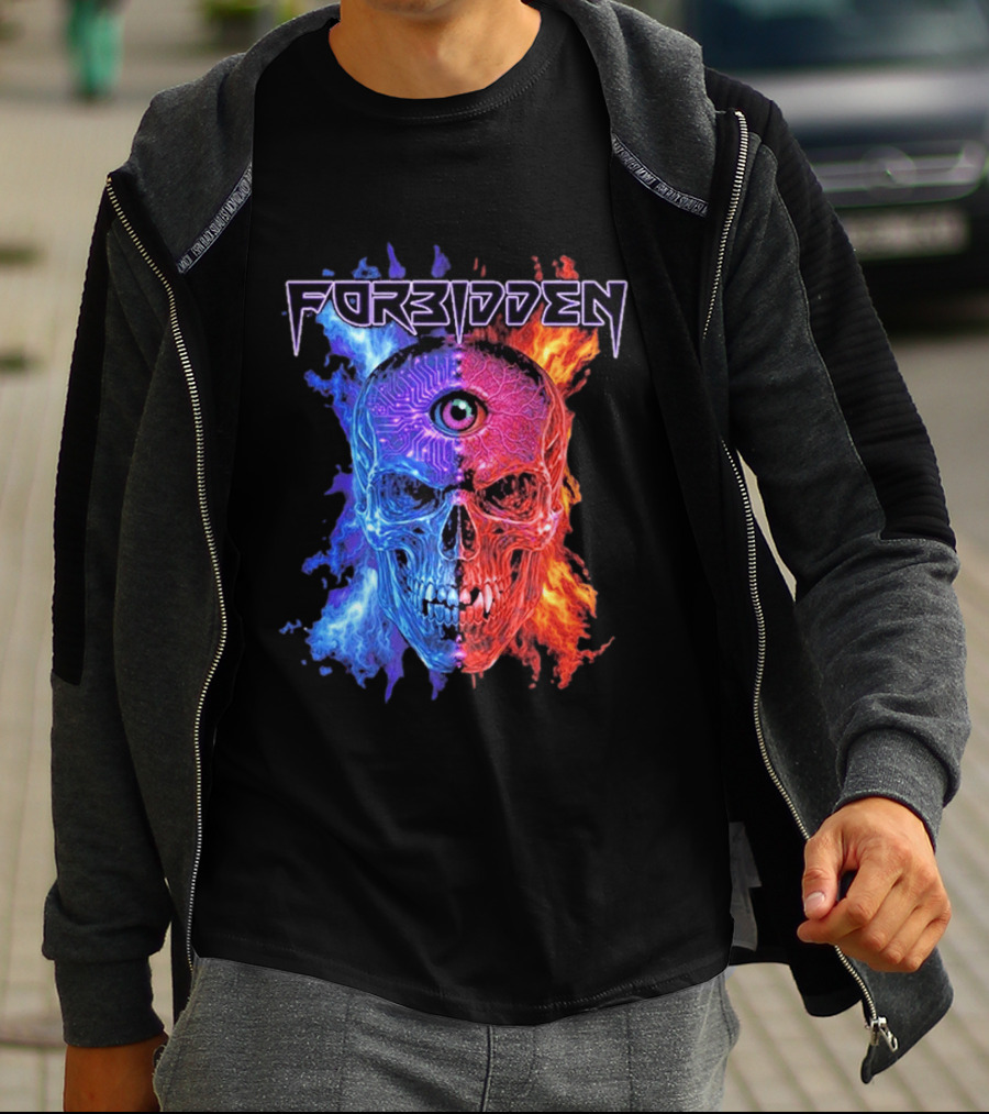 FORBIDDEN Skull Eye Flames Blue Red Fusion T-Shirt